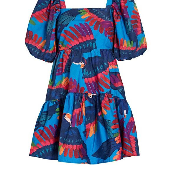 FARM Rio Rainbow Macaw Puff Sleeve Mini Dress, Size Small - Picture 2 of 5
